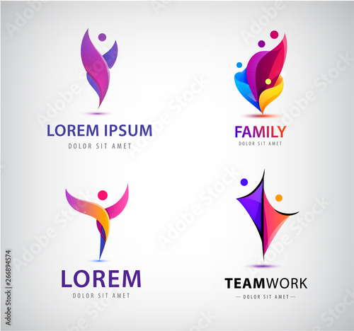 Vector set of people logos. Human, man community, social connection icons. Creative group, social care, kids