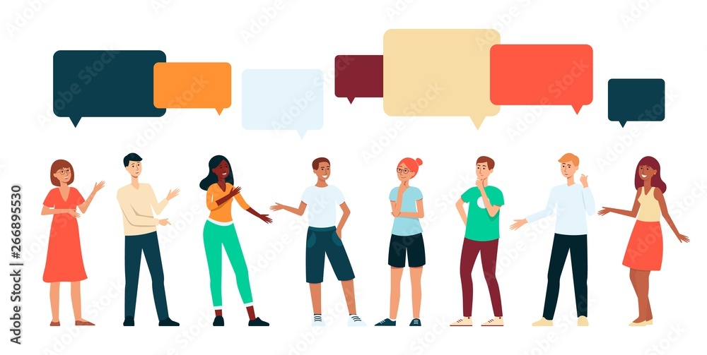 Fototapeta premium People communicating with speech bubbles above head cartoon style