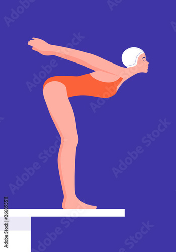 A girl in a bathing suit preparing to jump from a springboard into the water. Water sports. Vector flat illustration