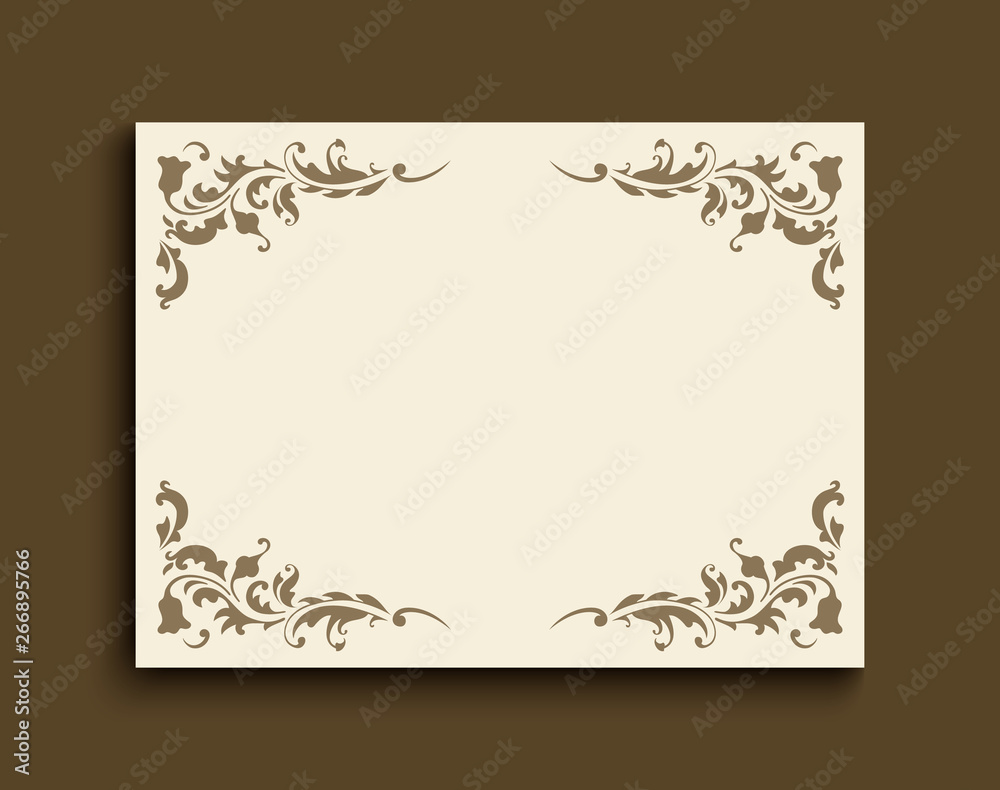 Vintage gold rectangle frame with floral corner patterns. Ornamental wedding invitation or greeting card template with place for text