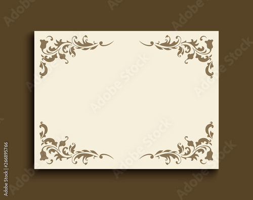 Vintage gold rectangle frame with floral corner patterns. Ornamental wedding invitation or greeting card template with place for text