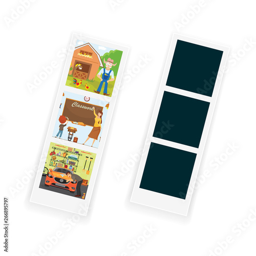 A set of various photos in the photo frame. Photo from the booth. Flat style vector illustration isolated on white