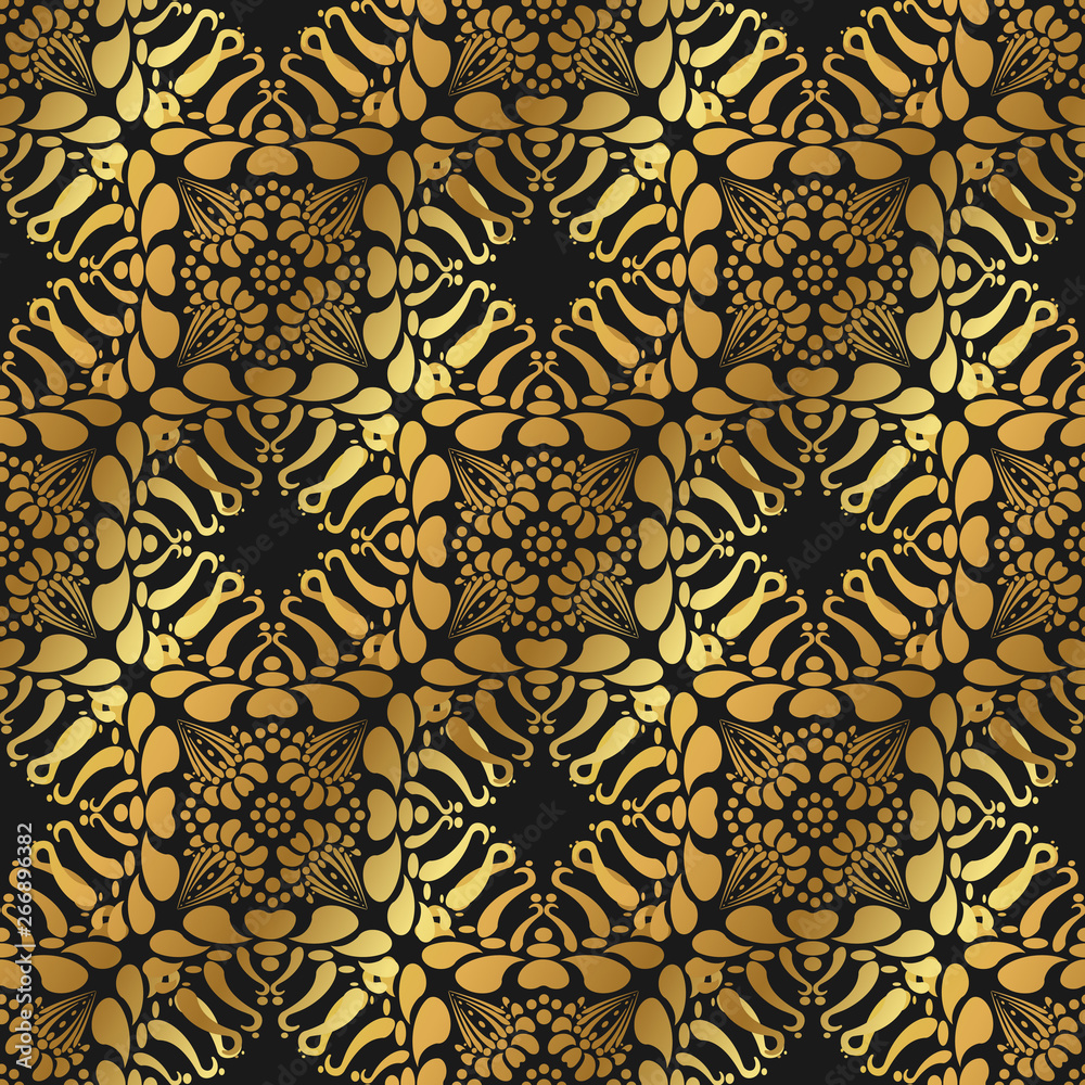 Traditional indian seamless pattern. Tibetan Buddism gold decoration motif. Arabic ornament for fashion textile print. Luxury golden vintage graphic element on black. Abstract vector lotus flower. Traditional indian seamless pattern. Tibetan Buddism gold decoration motif. Arabic ornament for fashion textile print. Luxury golden vintage graphic element on black. Abstract vector lotus flower.