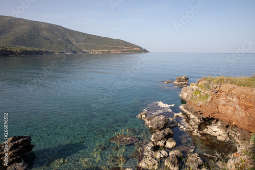 Amazing view from the beach in the Kiparissi Lakonia village, Peloponnese, Zorakas Bay, Greece in the April evening, 2019.