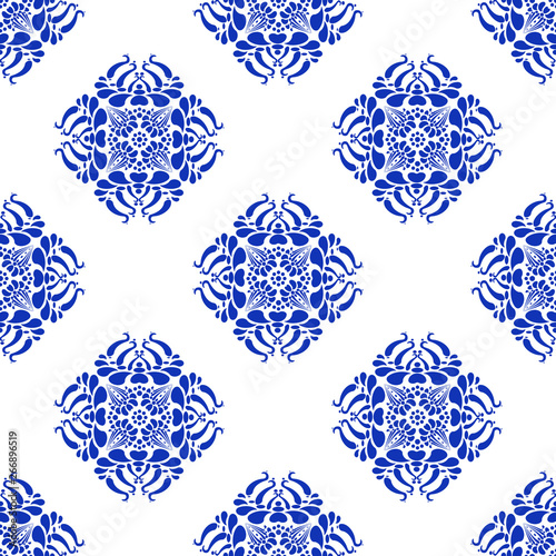 Traditional spain seamless pattern. Spanish ceramic blue decoration motif. Arabic ornament for fashion textile print. Luxury indigo vintage graphic element on white. Abstract vector lotus flower.
