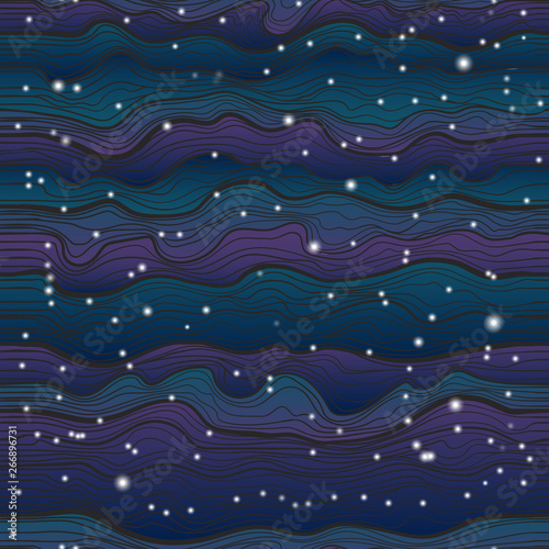 Vector seamless pattern of colorful hand draw cosmic flowing wavewith stars. Colorful gradient galaxy background for your dessign.