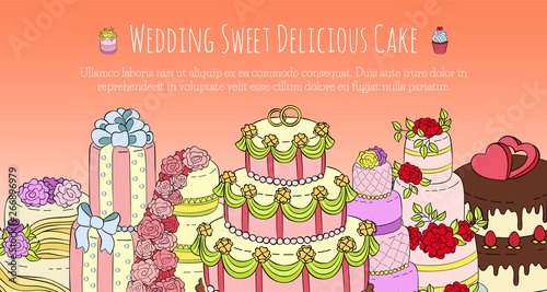 Wedding delicious cake set of banners vector illustration. Chocolate and fruity desserts for sweet shop with fresh and tasty cupcakes, cakes, pudding, biscuits, whipped cream, glaze and sprinkles.