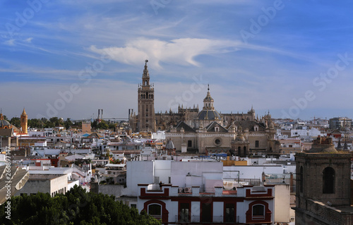 Aerial view of the roofs and the cathedral of Seville, Andalusia, Spain.