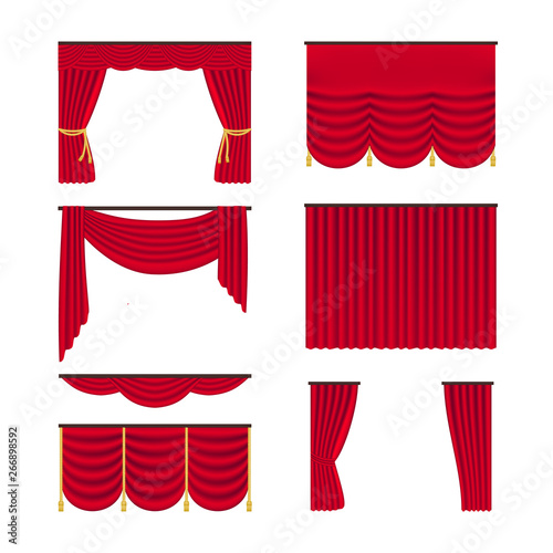 Red realistic curtains set isolated on white background. Draperies interior decoration object. Vector illustration.