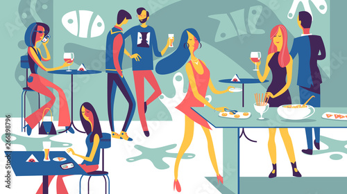 lounge bar interior. People having fun, sitting and drinking, vector illustration