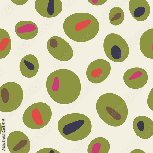Colorful cartoon green olives pattern, seamless vector design. Quirky and stylish repeat illustration, perfect for restaurants and bars, martini events, parties, olive oil companies, flyers and menus.
