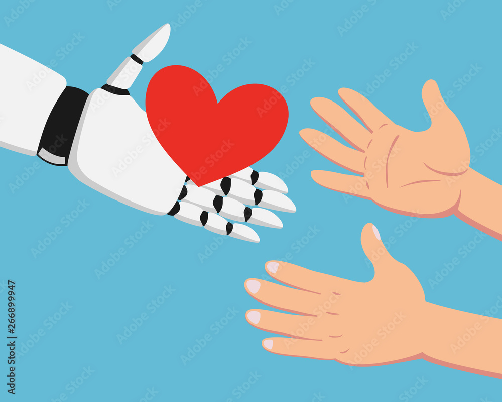 Obraz premium White robotic hand holding red heart and hands of a man