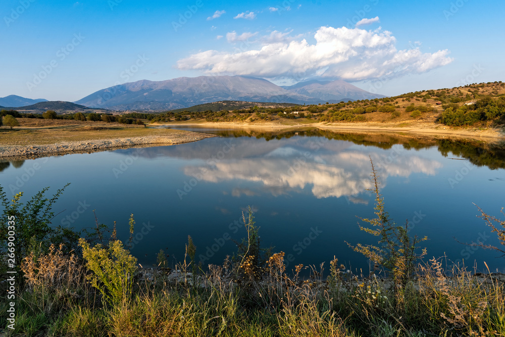 View of the artificial lake of Kallithea and Mount Olympus, the highest mountain of Greece and  home of the ancient Greek gods