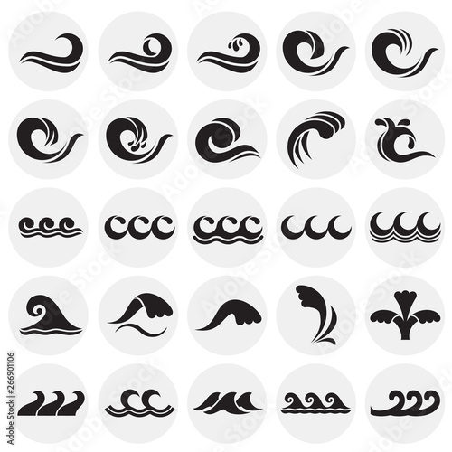 Waves icons set on circles background for graphic and web design. Simple vector sign. Internet concept symbol for website button or mobile app.