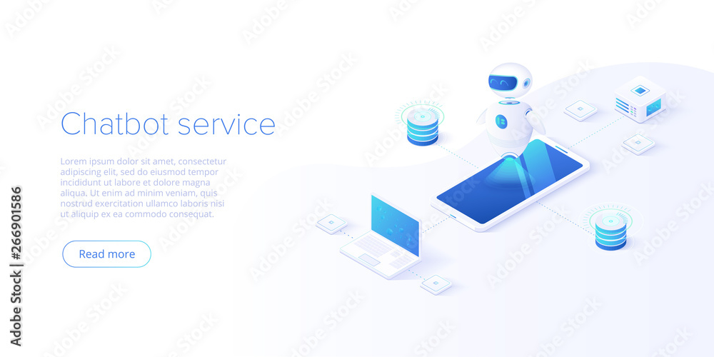 Chatbot or artificial intelligence network concept in isometric vector illustration. Neuronet or ai technology background with robot head and connections of neurons. Web banner layout template.