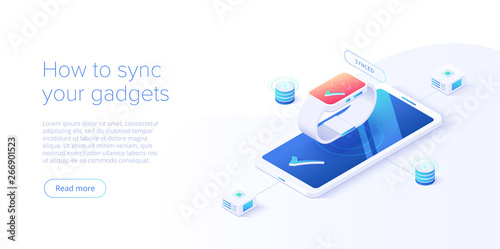Smartphone and smart watch synchronization concept in isometric vector illustration. IOT wireless technology. Internet of things web banner layout template.