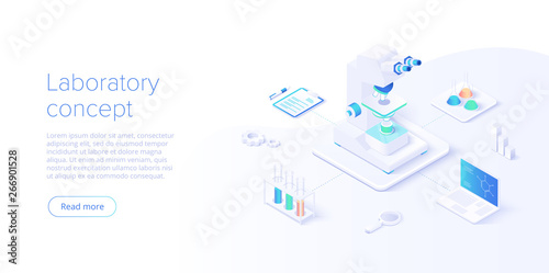 Medical research laboratory concept in isometric vector illustration. Pharmaceutical or chemical lab background with microscope and equipment. Web banner layout template.