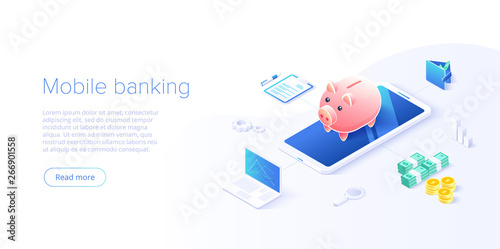Money transfer via cellphone in isometric vector design. Digital payment or online cashback service. Mobile banking transaction concept. Withdraw deposit with smartphone.