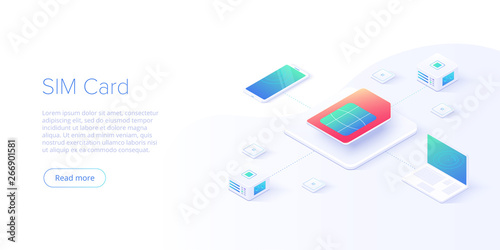 SIM card concept in isometric vector illustration. Mobile network with esim microchip technology. Web banner layout template.