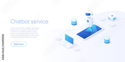 Chatbot or artificial intelligence network concept in isometric vector illustration. Neuronet or ai technology background with robot head and connections of neurons. Web banner layout template.
