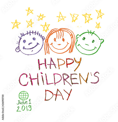 Happy Children's Day. Doodle holiday illustration to the International Children's Day. Children Art style drawing with colored pencils sketch. Vector logo with three funny baby faces and yellow stars 