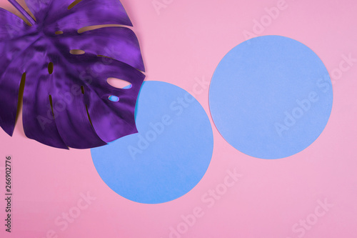 Vibrant bold purple tropical monstera leaf on pink background with copy space. Art neon surrealism concept