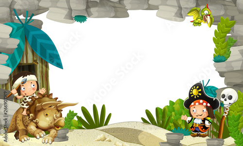 cartoon scene with cavemen territory and pirate captain frame for text - illustration for the children