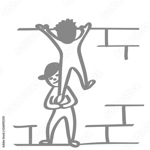 Handgezeichnete Männchen klettern über Mauer in grau