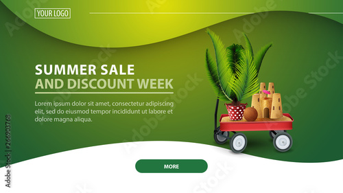 Summer sale and discount week, modern discount web banner for the site with garden cart with sand, sand castle and potted palm