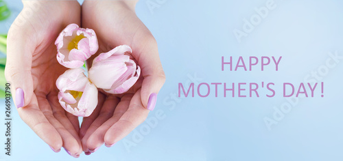 Banner with tulips in their hands for the holiday women's day.