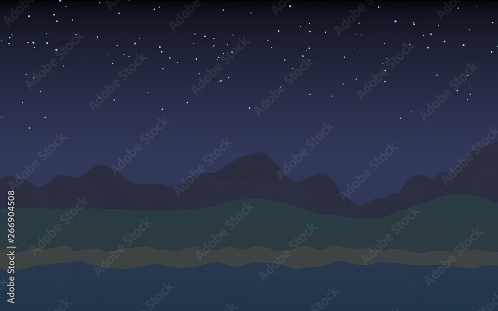 Starry moonless sky. Ocean shore line with waves on a beach. Island beach paradise with waves. Vacation, summer, relaxation. Seascape, seashore. Minimalist landscape, primitivism. 3D illustration Starry moonless sky. Ocean shore line with waves on a beach. Island beach paradise with waves. Vacation, summer, relaxation. Seascape, seashore. Minimalist landscape, primitivism. 3D illustration