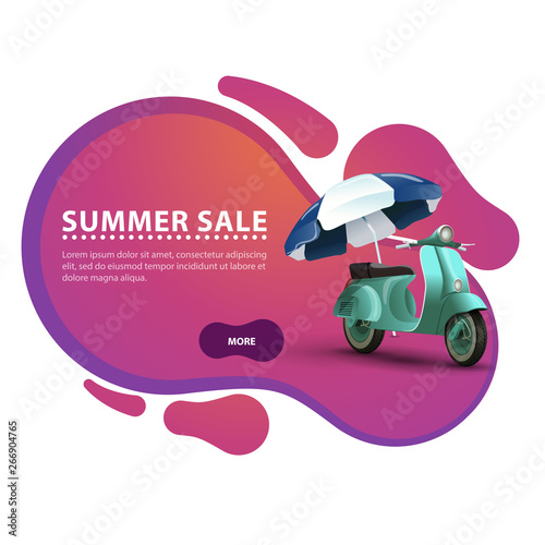 Summer sale, modern discount banner in the form of smooth lines for your business with scooter with a beach umbrella