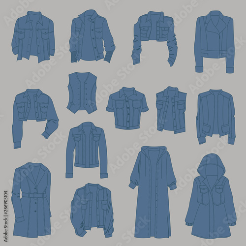 Women's  denim outerwear, different models, isolated on gray background.