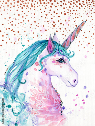Photo Watercolor unicorn illustration.