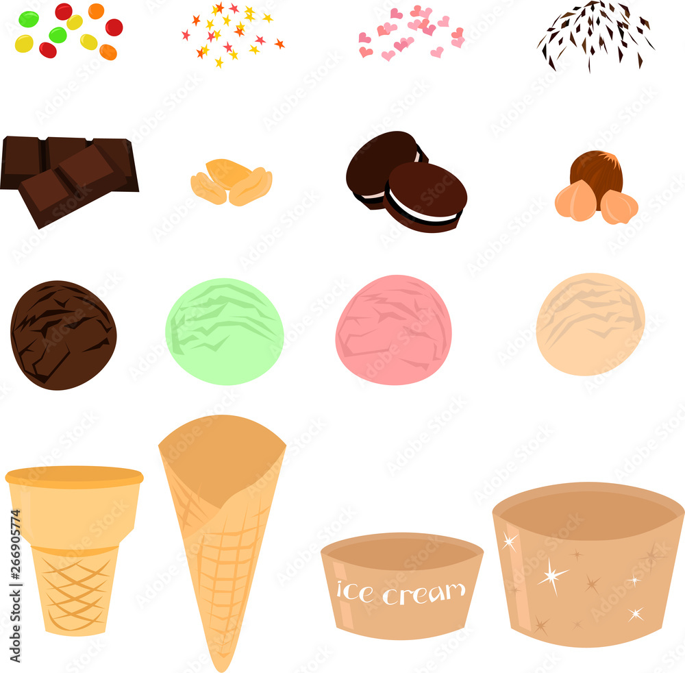 Set of ice cream and dessert ingredients. Chocolate, nuts, cookies, pastry sprinkles. Cafe design, menu.