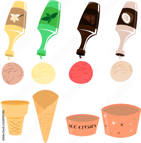 Set of ice cream and dessert ingredients. Syrups, toppings. Cafe design, menu.