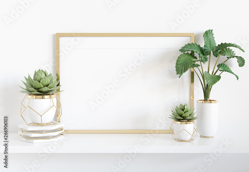 Frame leaning on white shelve in bright interior with plants and decorations mockup 3D rendering