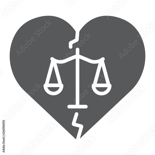 Divorce glyph icon, law and marriage, broken heart sign, vector graphics, a solid pattern on a white background.