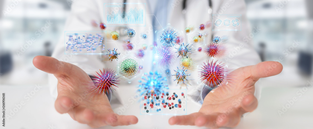 Doctor using digital nanobot virus 3D rendering - obrazy, fototapety, plakaty 