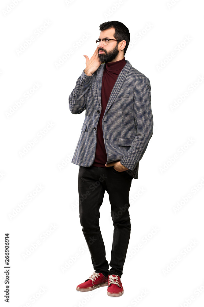 Handsome man with glasses with problems making suicide gesture over isolated white background Handsome man with glasses with problems making suicide gesture over isolated white background
