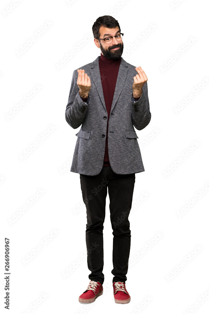 Handsome man with glasses making money gesture over isolated white background Handsome man with glasses making money gesture over isolated white background
