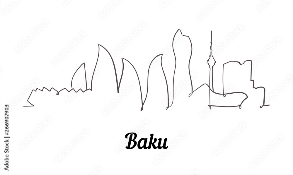 One line style Baku sketch illustration on white background. - obrazy, fototapety, plakaty 