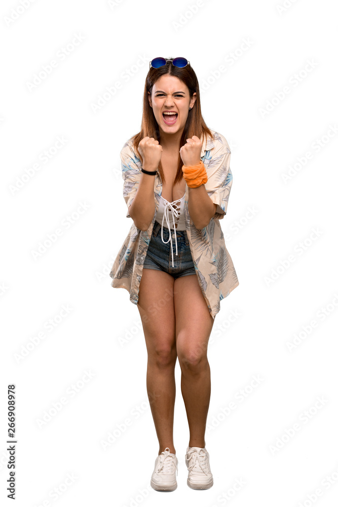 Full-length shot of Young woman in bikini in summer holidays frustrated by a bad situation over isolated white background Full-length shot of Young woman in bikini in summer holidays frustrated by a bad situation over isolated white background