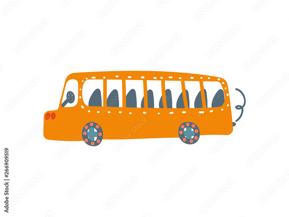 Yellow Bus, Public Transport, Side View, Cartoon Vector Illustration