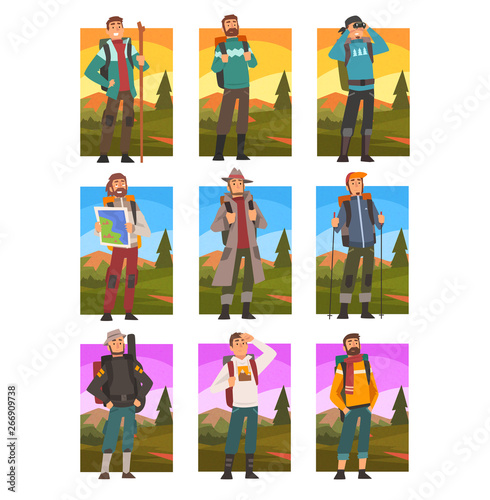 Male Tourists Hiking in Mountains with Backpacks Set, People in Summer Mountain Landscape, Outdoor Activity, Travel, Camping, Backpacking Trip or Expedition Vector Illustration