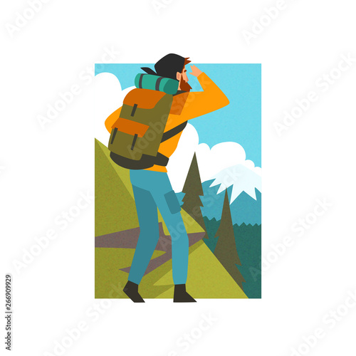 Man with Backpack Looking into Distance in Summer Mountain Landscape, Outdoor Activity, Travel, Camping, Backpacking Trip or Expedition Vector Illustration