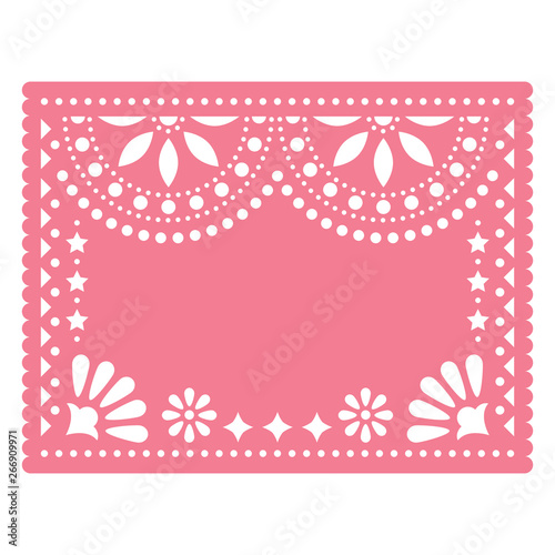 Papel Picado pink vector floral template design with abstract shapes, retro Mexican paper decorations pattern, traditional fiesta banner   