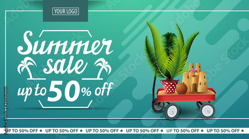Summer sale, discount horizontal web banner for online store with garden cart with sand, sand castle and potted palm