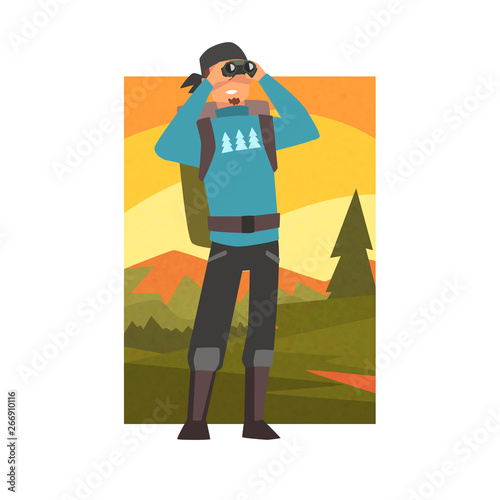 Man with Backpack Looking Through Binoculars, Guy in Summer Mountain Landscape, Outdoor Activity, Travel, Camping, Backpacking Trip or Expedition Vector Illustration