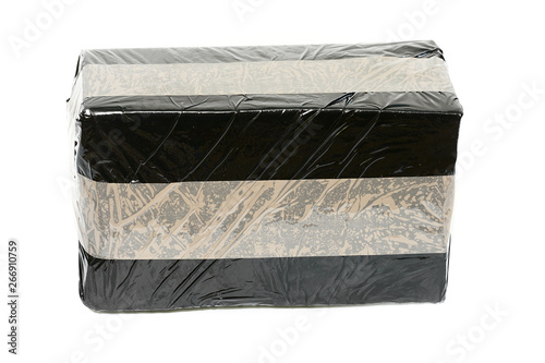 Isolated parcel wrapped with black stretch foil